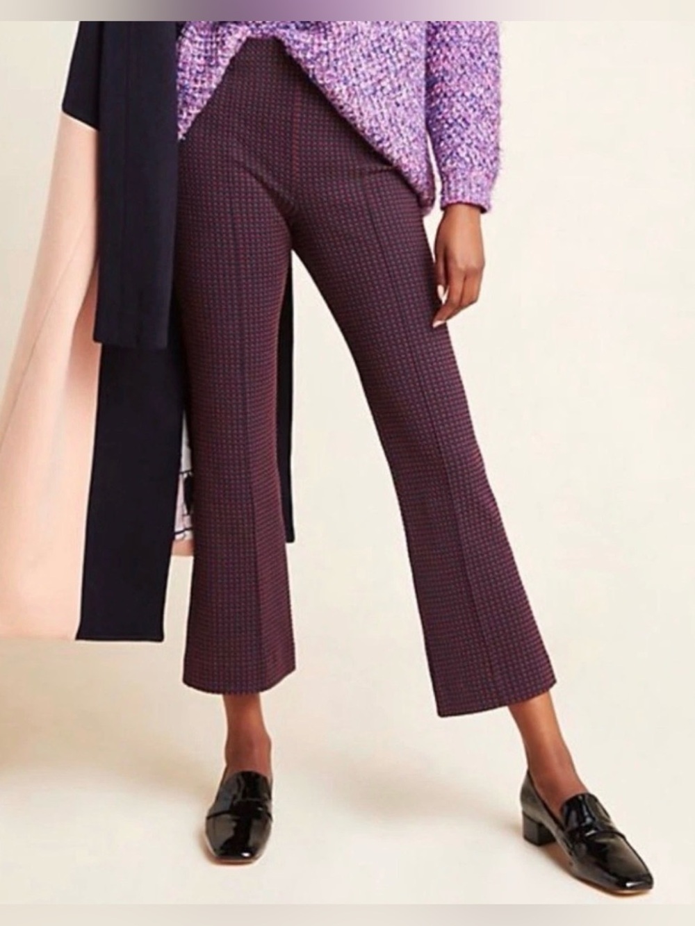 by Anthropologie the essential Crop Ponte Flare Pants Navy Burgundy- M